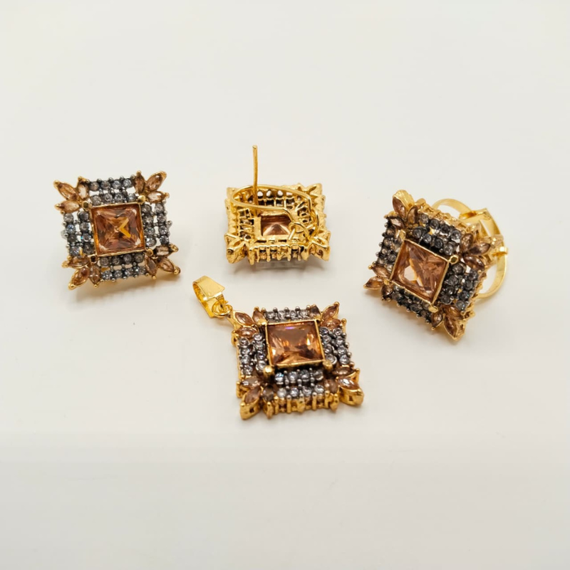 Luxury Gold Plated Cubic Zirconia Jewelry Set – Statement Ring, Studs & Pendant for Wedding & Party Wear