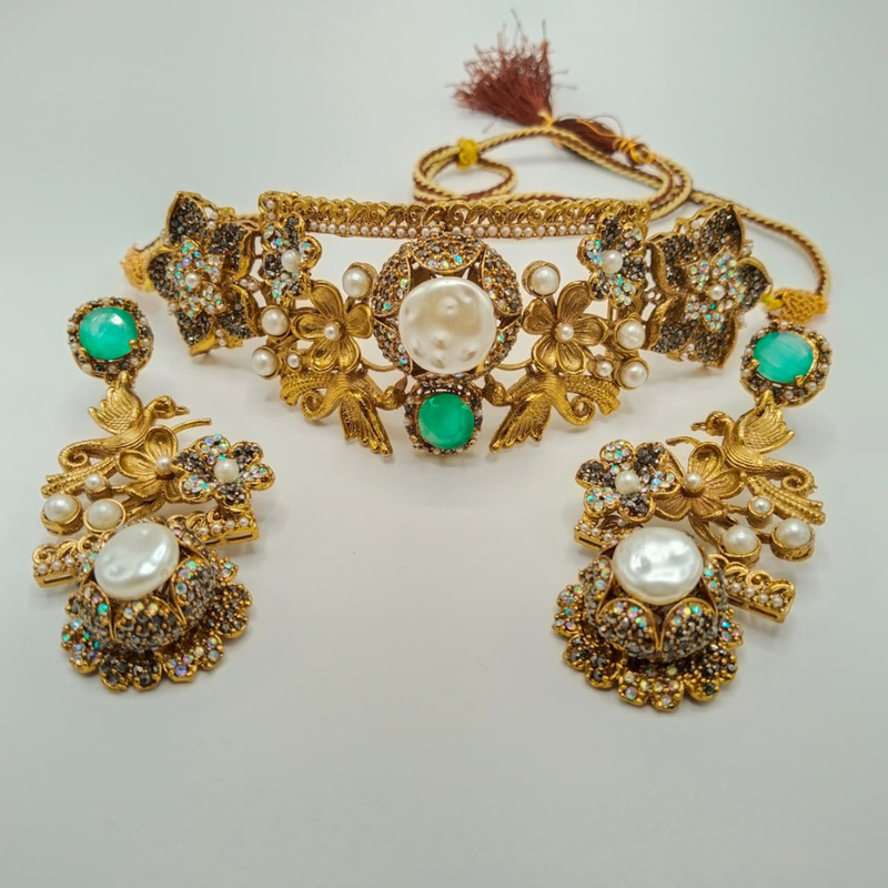 Luxury Antique Gold Plated Choker Set with Pearls – Premium Wedding & Party Jewellery | Hafizpk