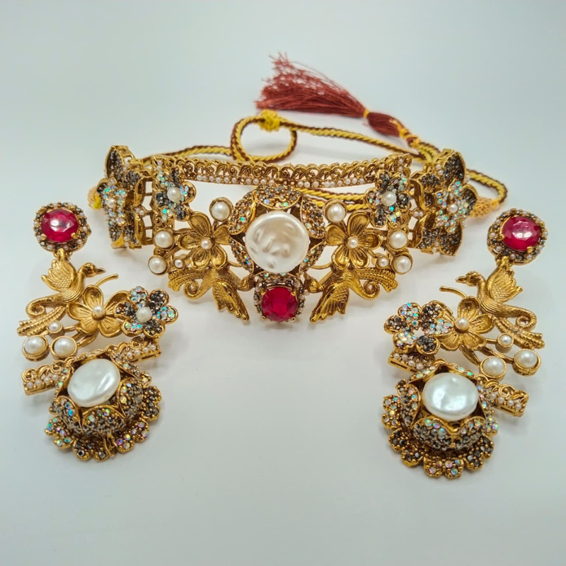 Luxury Antique Gold Plated Choker Set with Pearls – Premium Wedding & Party Jewellery | Hafizpk