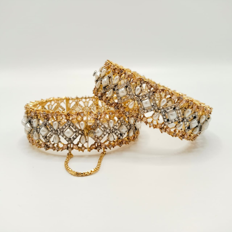 Filigree Gold Toned Cubic Zirconia openable Cuff Bracelet – Heavy Statement Bangle for Women | Indian Party Jewelry