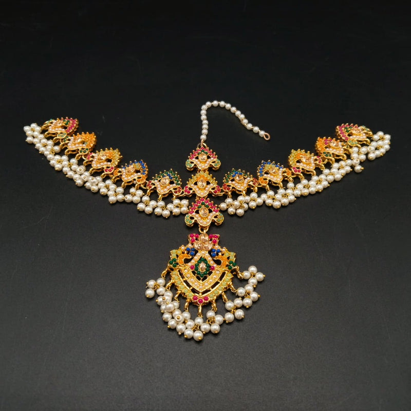Traditional Kundan Matha Patti with Pearls - Indian Bridal Headband Jewelry - Multi-Color Ethnic Sheeshphool for Weddings, Mehndi & Sangeet