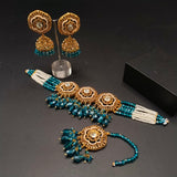 Traditional Gold-Tone Choker Necklace Set with Chandbali Earrings & Maang Tikka – Ethnic Seed Pearl Bridal Jewelry | Ruby, Emerald, Navy & More