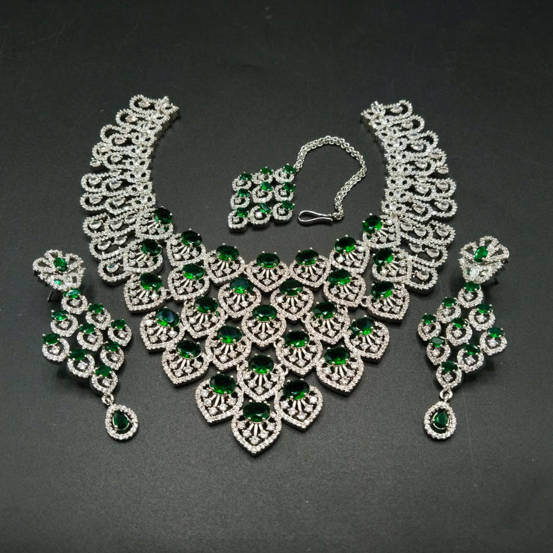 Luxury Bridal Zircon Necklace Set with Earrings & Maang Tikka – Elegant Wedding Jewelry for Women | Available in Ruby, Emerald, Mint & Silver