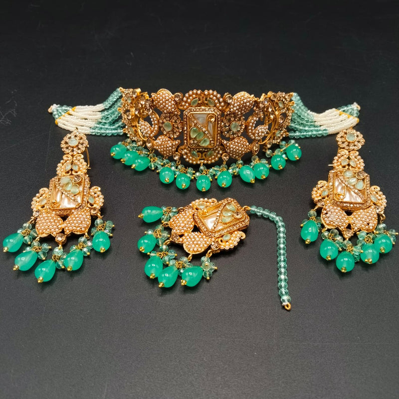 Turkish Antique Choker Jewelry Set with Maang Tikka & Earrings - Traditional Ethnic Necklace in Mint, Pink, Peach, & Black