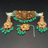 Turkish Antique Choker Jewelry Set with Maang Tikka & Earrings - Traditional Ethnic Necklace in Mint, Pink, Peach, & Black