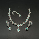 Elegant American Diamond Necklace Set with Teardrop Pendant & Matching Earrings – Silver Bridal Jewelry Set
