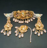 Turkish Antique Choker Jewelry Set with Maang Tikka & Earrings - Traditional Ethnic Necklace in Mint, Pink, Peach, & Black