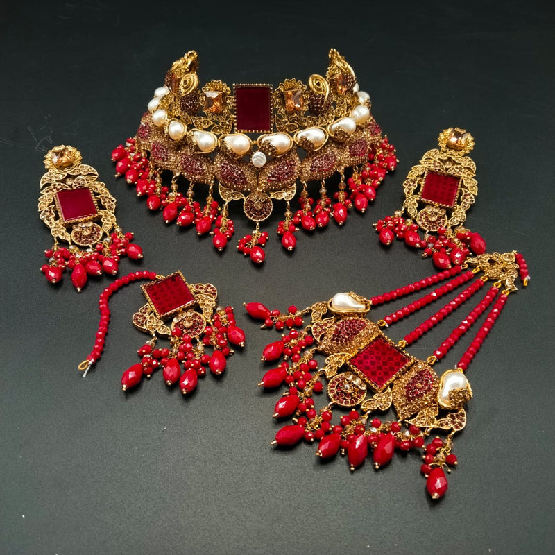 Traditional Bridal Choker Set with Jhumar, Tikka & Earrings – 5-Piece Antique Gold Wedding Jewelry |
