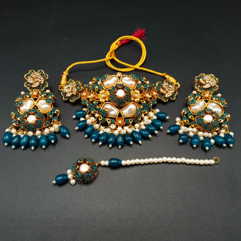 Boho Turkish Statement Necklace Set - Antique Gold Finish Tribal Choker with Colored Droplet Beads & Matching Tikka - Festival Wear