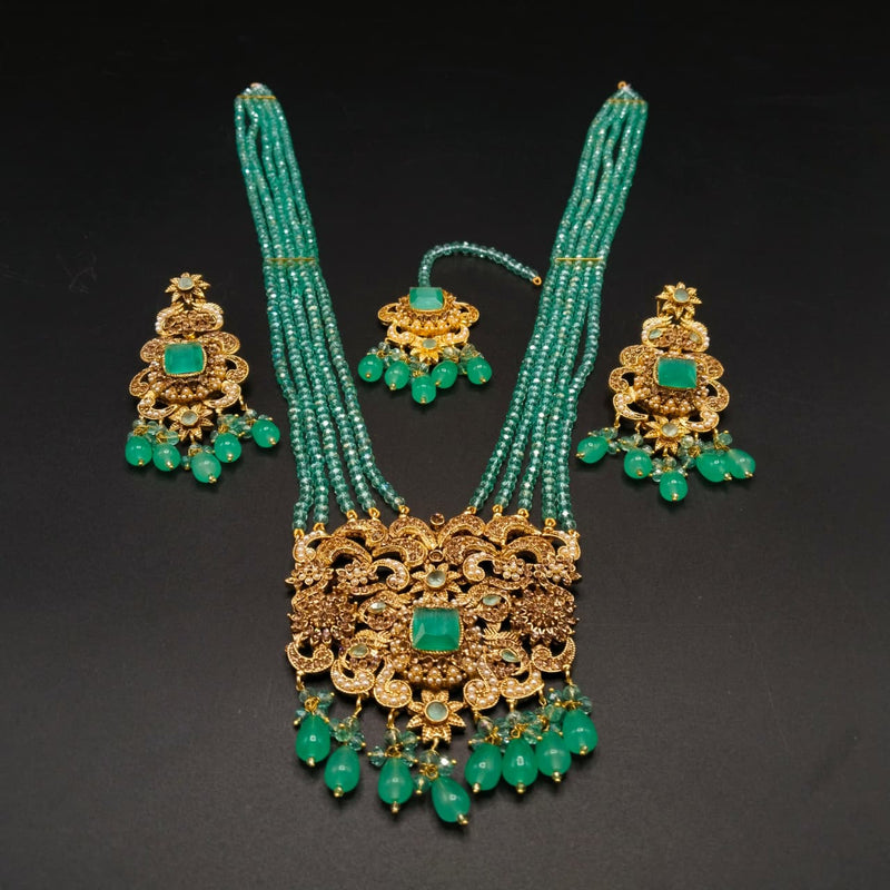 Handcrafted Rani Haar Jewelry Set – Multi-Layer Beaded Kundan Necklace with Jhumka Earrings & Tikka – Ethnic Pakistani Bridal Wear