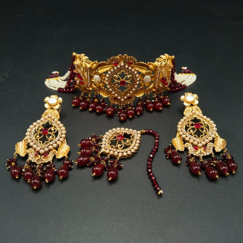 Turkish Boho Choker Jewelry Set | Multi-Layer Bead & Pearl Necklace with earrings and mang tikka | Hafizpk