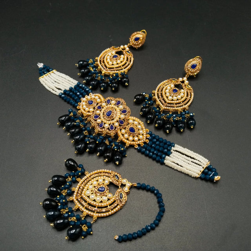 Traditional Gold-Tone Choker Necklace Set with Chandbali Earrings & Maang Tikka – Ethnic Seed Pearl Bridal Jewelry | Ruby, Emerald, Navy, Multi & More