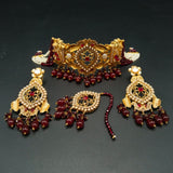 Turkish Boho Choker Jewelry Set | Multi-Layer Bead & Pearl Necklace with earrings and mang tikka | Hafizpk