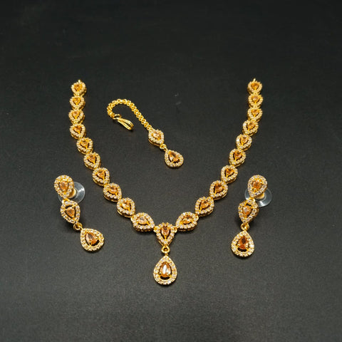 Elegant American Diamond Necklace Set with Teardrop Pendant & Matching Earrings – Silver Bridal Jewelry Set