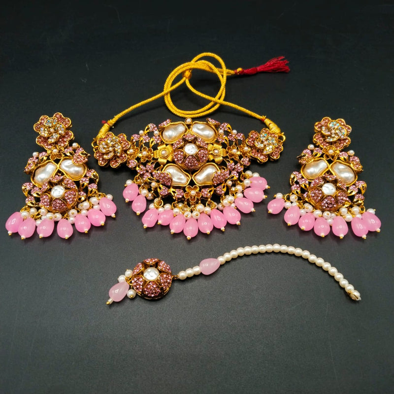 Boho Turkish Statement Necklace Set - Antique Gold Finish Tribal Choker with Colored Droplet Beads & Matching Tikka - Festival Wear