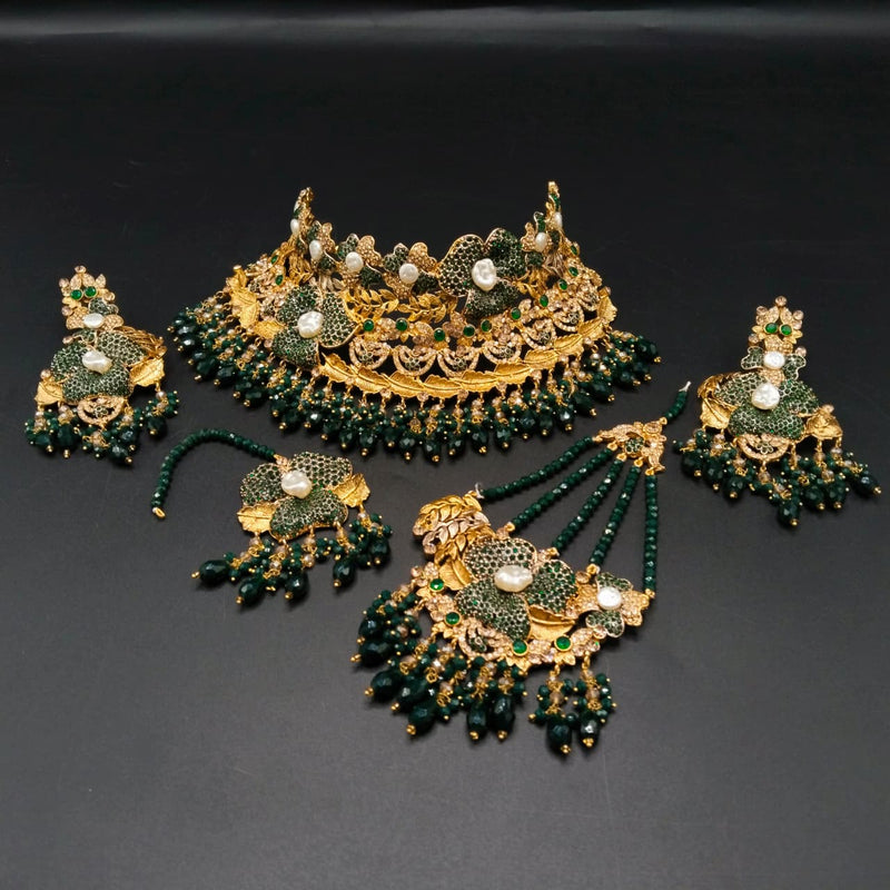 Traditional Bridal Choker Set with Jhumar, Tikka & Earrings – 5-Piece Antique Gold-Tone Wedding Jewelry |