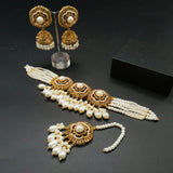 Traditional Gold-Tone Choker Necklace Set with Chandbali Earrings & Maang Tikka – Ethnic Seed Pearl Bridal Jewelry | Ruby, Emerald, Navy & More