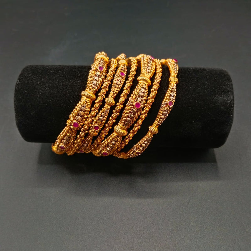 Handcrafted Antique Gold Plated Bangle Set with Ruby Accents – Set of 7 Vintage Style Textured Kadas | Traditional Ethnic Jewelry for Women