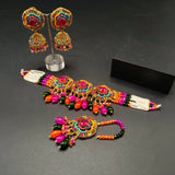 Traditional Gold-Tone Choker Necklace Set with Chandbali Earrings & Maang Tikka – Ethnic Seed Pearl Bridal Jewelry | Ruby, Emerald, Navy & More