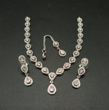 Elegant American Diamond Necklace Set with Teardrop Pendant & Matching Earrings – Silver Bridal Jewelry Set