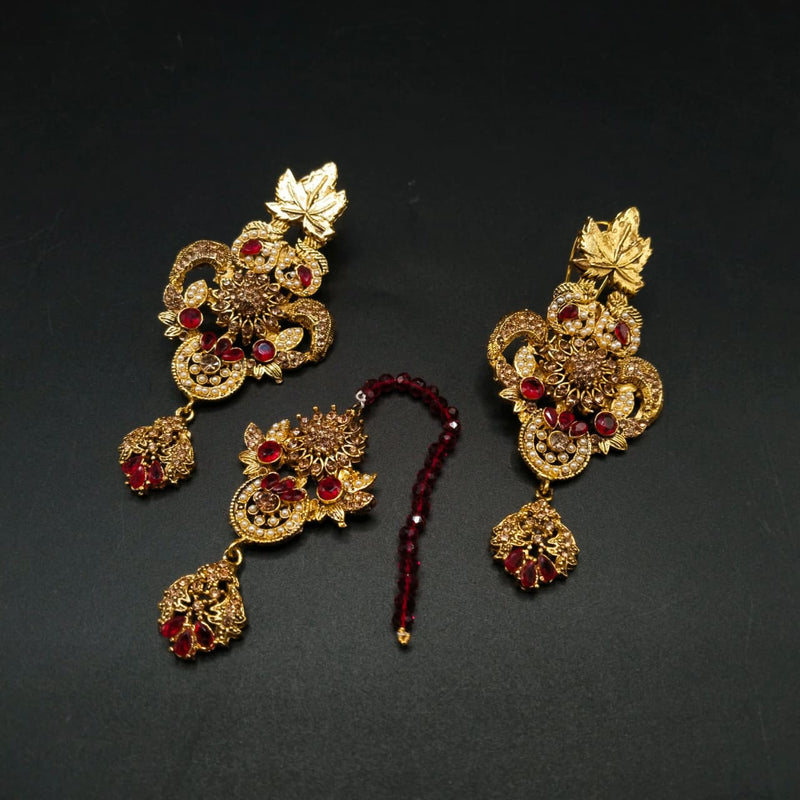 Traditional Earrings & Maang Tikka Set – Antique Gold Finish