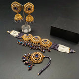Traditional Gold-Tone Choker Necklace Set with Chandbali Earrings & Maang Tikka – Ethnic Seed Pearl Bridal Jewelry | Ruby, Emerald, Navy & More