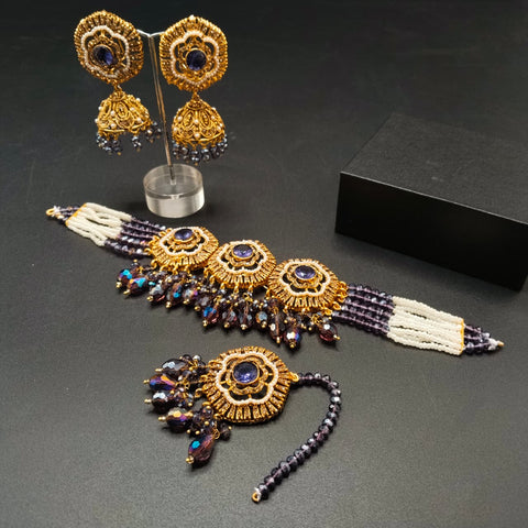 Traditional Gold-Tone Choker Necklace Set with Chandbali Earrings & Maang Tikka – Ethnic Seed Pearl Bridal Jewelry | Ruby, Emerald, Navy & More