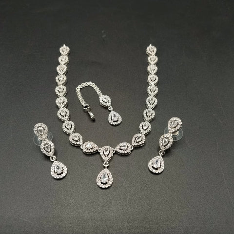 Elegant American Diamond Necklace Set with Teardrop Pendant & Matching Earrings – Silver Bridal Jewelry Set