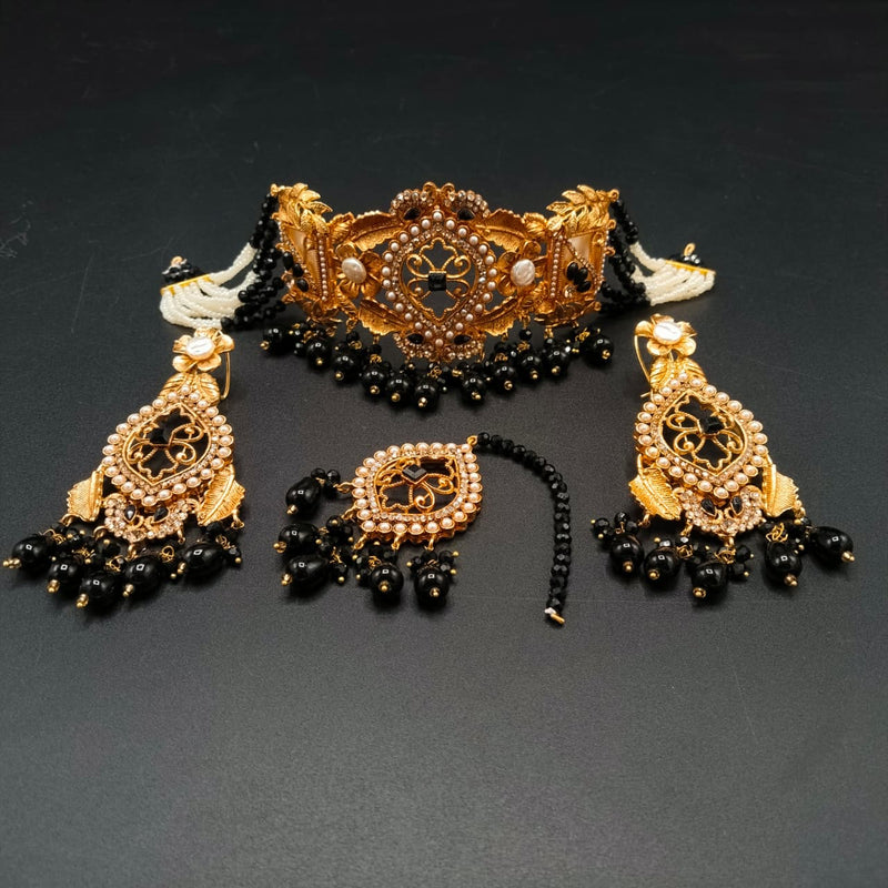 Turkish Boho Choker Jewelry Set | Multi-Layer Bead & Pearl Necklace with earrings and mang tikka | Hafizpk