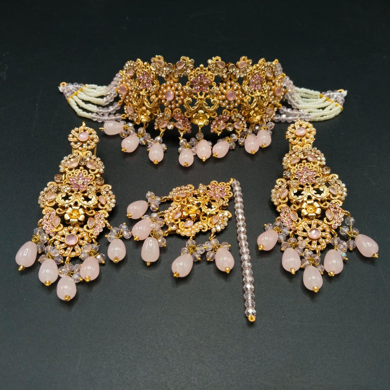 Handcrafted Turkish Bead Choker Set – Vintage Gold Finish Statement Jewelry with Matching Earrings & Tikka – Authentic Middle Eastern Bridal & Festive Wear