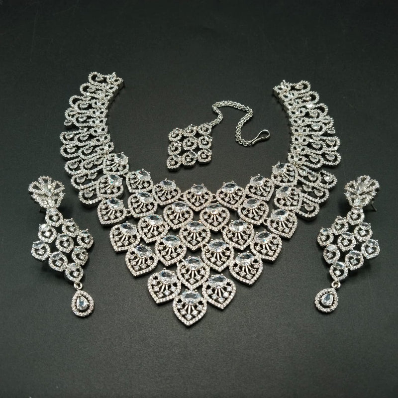 Luxury Bridal Zircon Necklace Set with Earrings & Maang Tikka – Elegant Wedding Jewelry for Women | Available in Ruby, Emerald, Mint & Silver