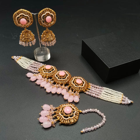 Traditional Gold-Tone Choker Necklace Set with Chandbali Earrings & Maang Tikka – Ethnic Seed Pearl Bridal Jewelry | Ruby, Emerald, Navy & More