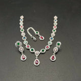 Elegant American Diamond Necklace Set with Teardrop Pendant & Matching Earrings – Silver Bridal Jewelry Set