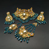 Traditional Bridal Choker Set with Jhumar, Tikka & Earrings – 5-Piece Antique Gold-Tone Wedding Jewelry |