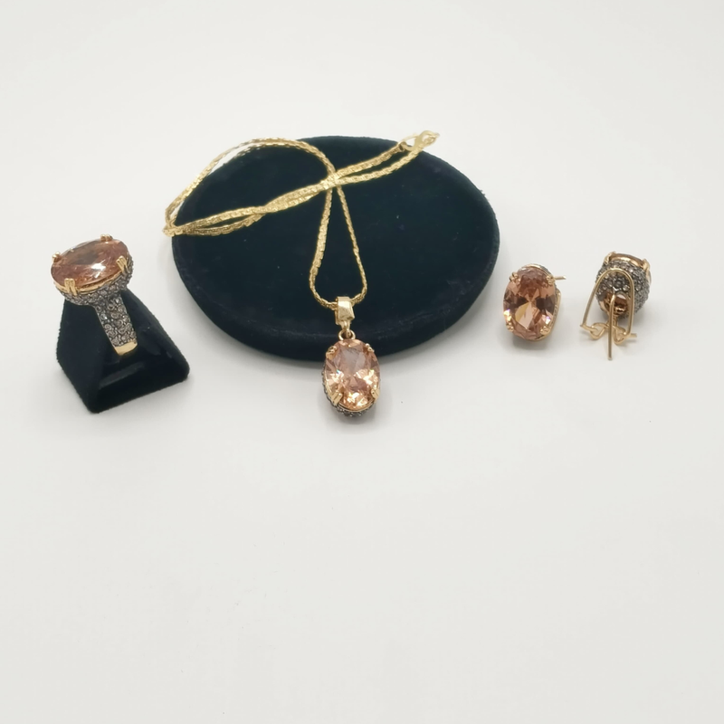 Vintage-Inspired CZ Jewelry Set – Oval Zirconia Ring, Pendant & Hoop Earrings for Bridal or Party Wear