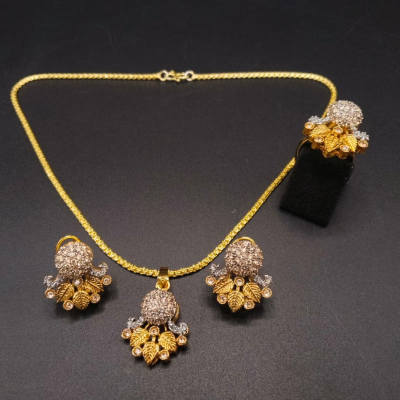 Floral Leaf CZ Jewelry Set – Gold Tone Pendant, Earrings & Ring | Indian Festive & Bridal Jewelry